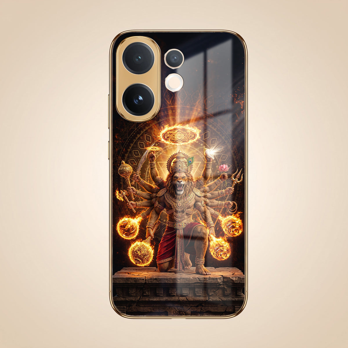 Vivo V60 5G Lord Narasimha Gold Electroplated Glass Phone Back Case