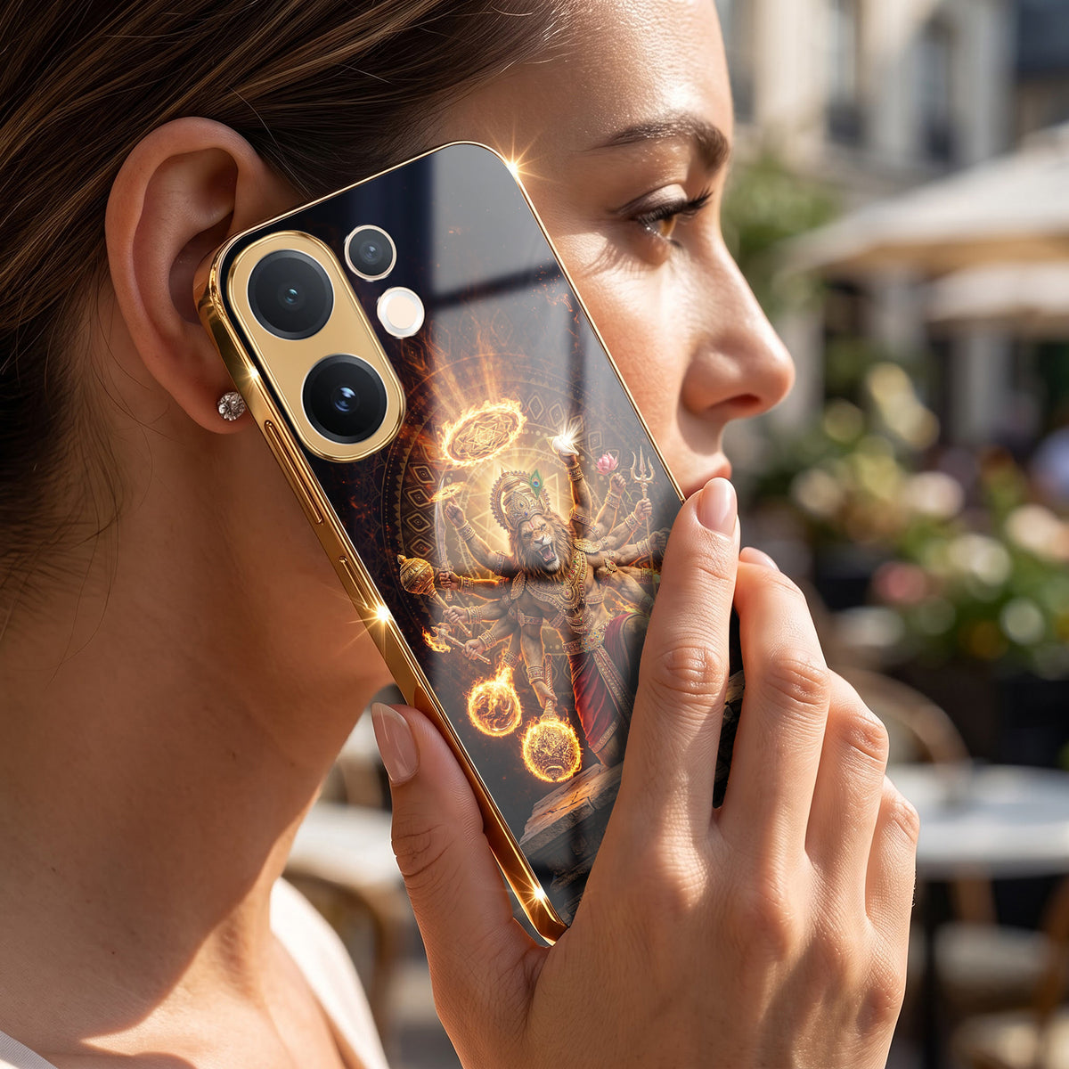 Vivo V60 5G Lord Narasimha Gold Electroplated Glass Phone Back Case