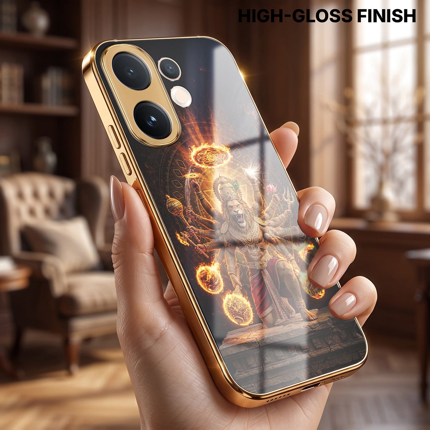Vivo V60 5G Lord Narasimha Gold Electroplated Glass Phone Back Case