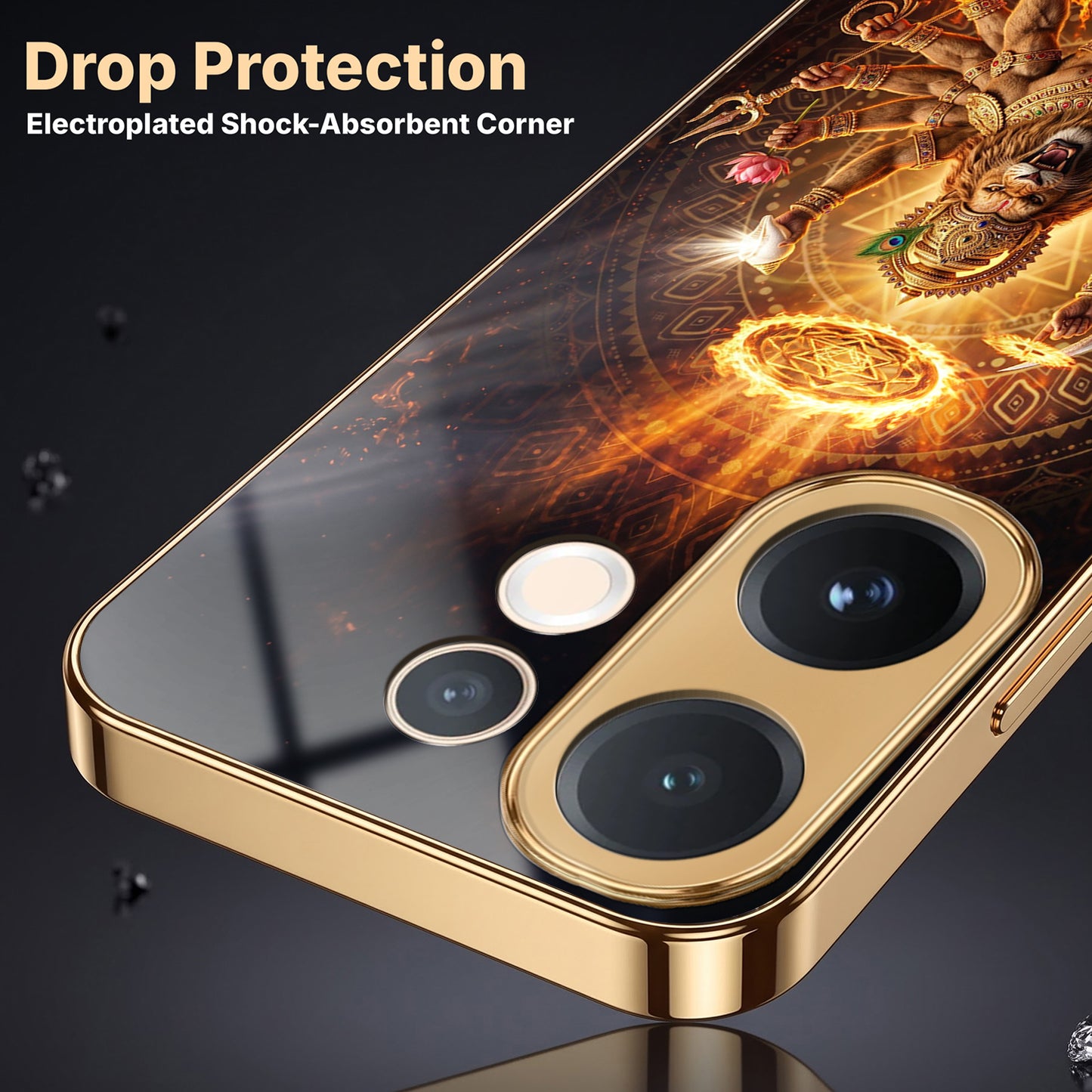 Vivo V60 5G Lord Narasimha Gold Electroplated Glass Phone Back Case
