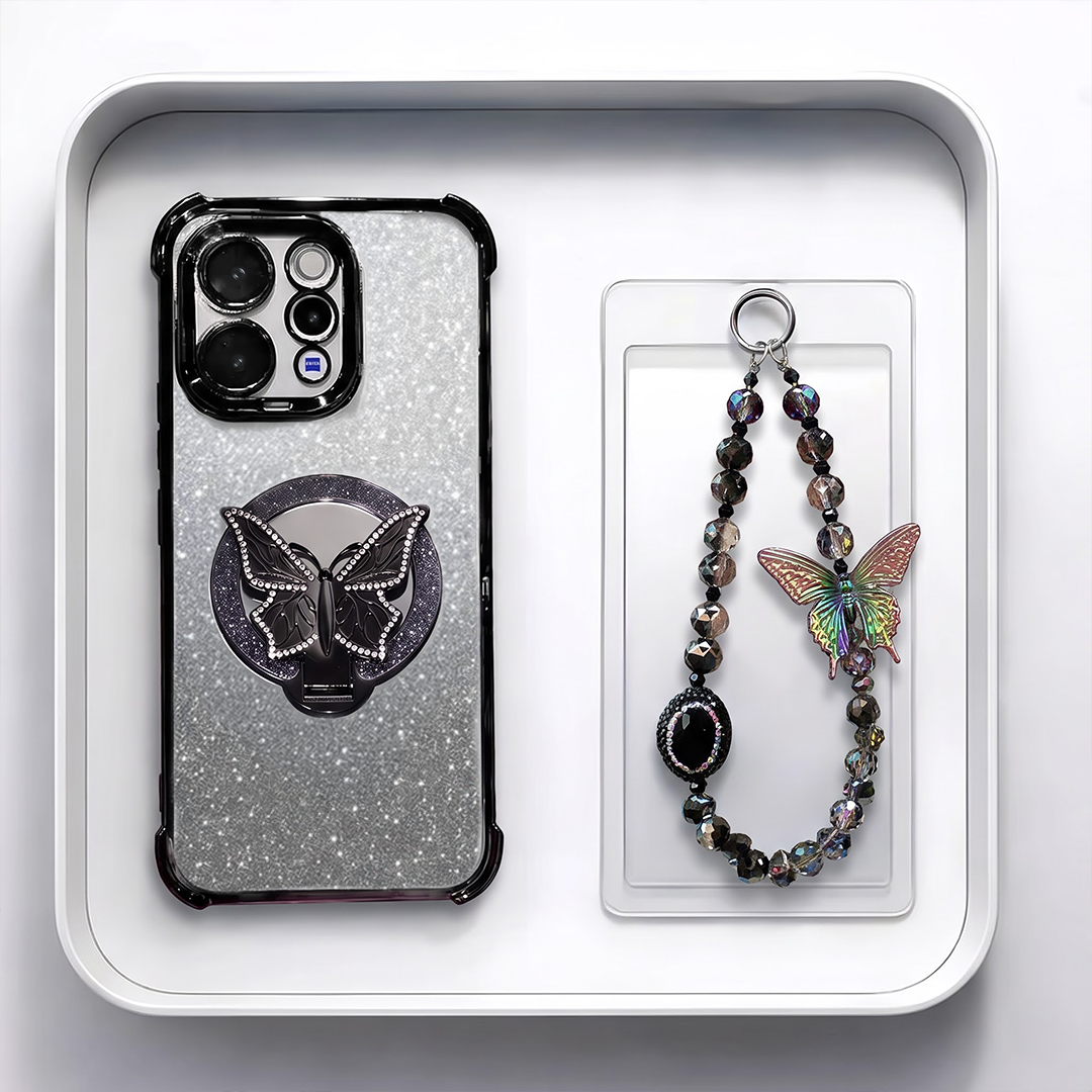 Vivo V70 5G Shockproof Shimmer Butterfly Stand Case with Charm Strap