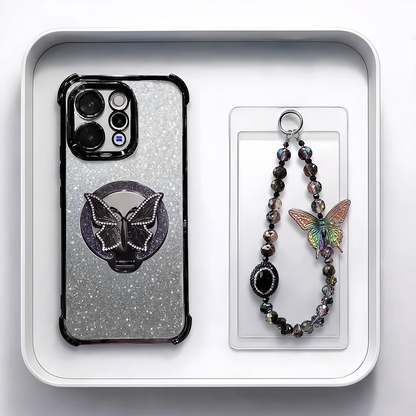 Vivo V70 5G Shockproof Shimmer Butterfly Stand Case with Charm Strap