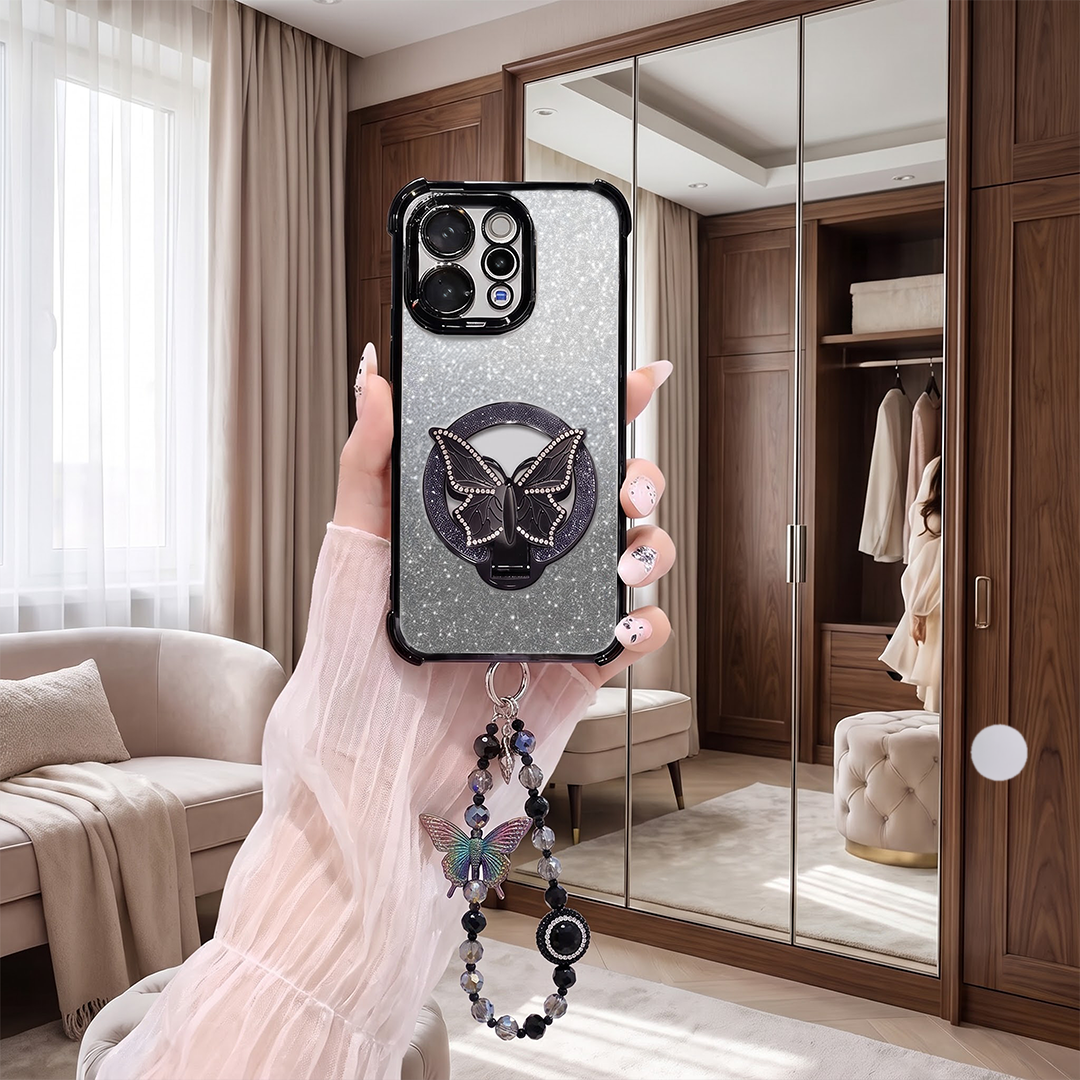 Vivo V70 5G Shockproof Shimmer Butterfly Stand Case with Charm Strap