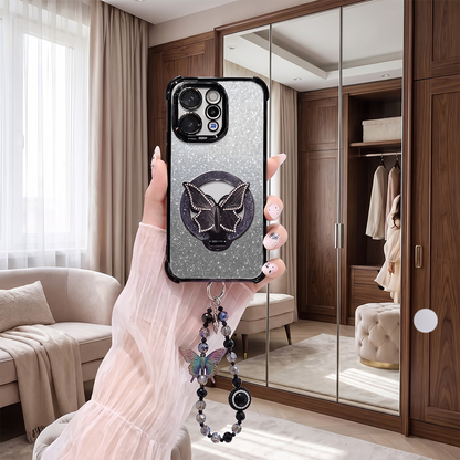 Vivo V70 5G Shockproof Shimmer Butterfly Stand Case with Charm Strap