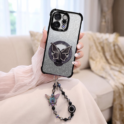 Vivo V70 5G Shockproof Shimmer Butterfly Stand Case with Charm Strap