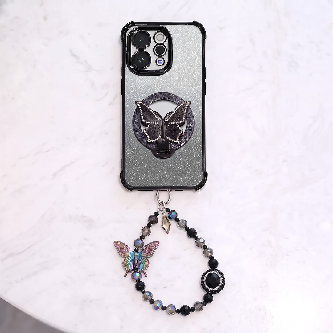 Vivo V70 5G Shockproof Shimmer Butterfly Stand Case with Charm Strap