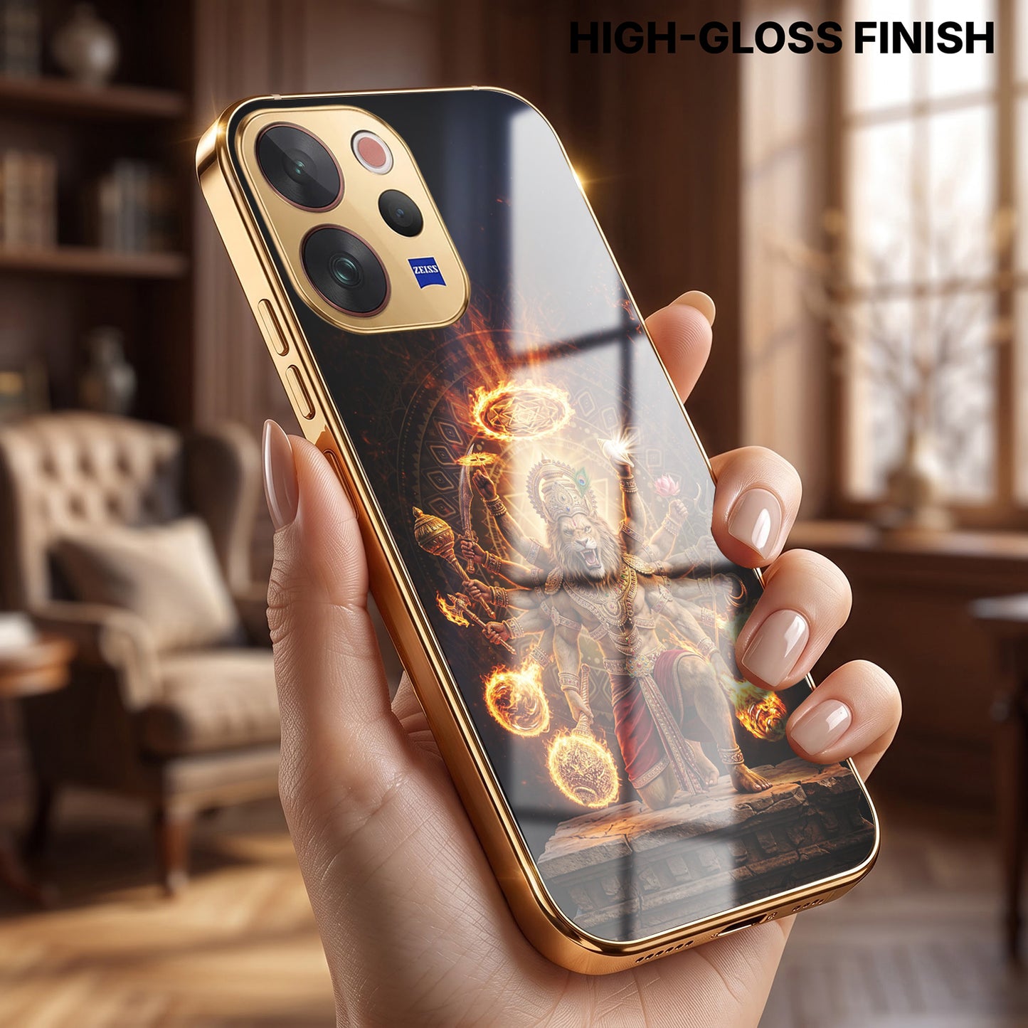 Vivo V70 5G Lord Narasimha Gold Electroplated Glass Phone Back Case