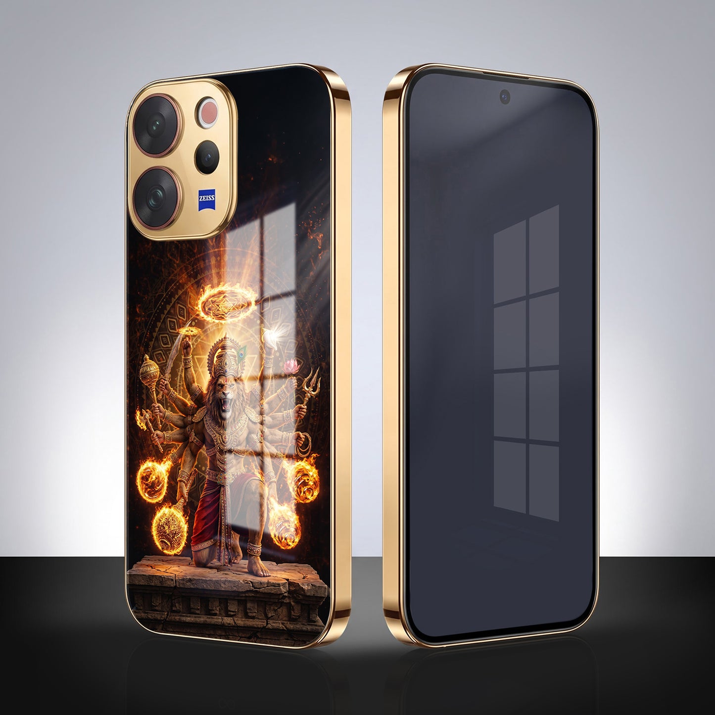 Vivo V70 5G Lord Narasimha Gold Electroplated Glass Phone Back Case