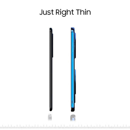 Two smartphone thinness comparison with text 'Just Right Thin' on a white background.