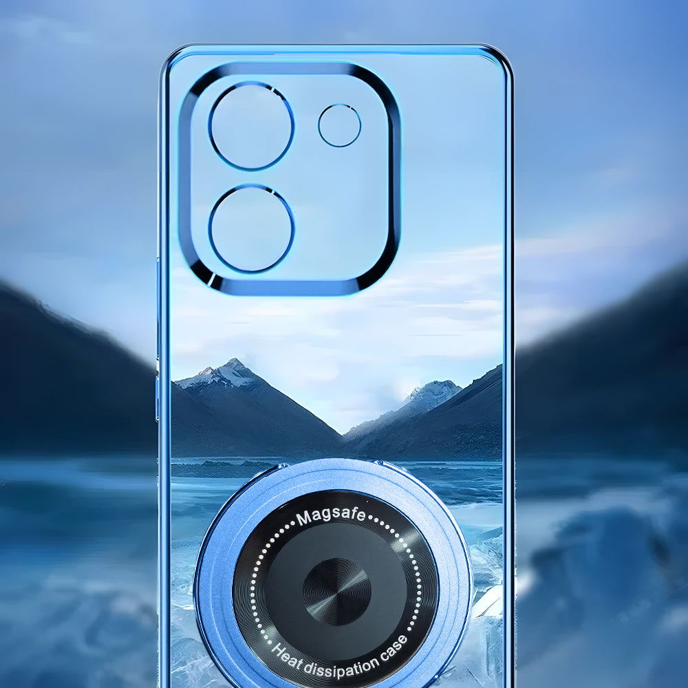 Smartphone with a blue camera module and 'Magsafe' text, set against a mountainous landscape.