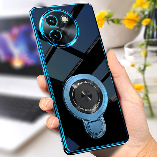 Smartphone with a blue ring holder attached, held by a hand with a blurred background