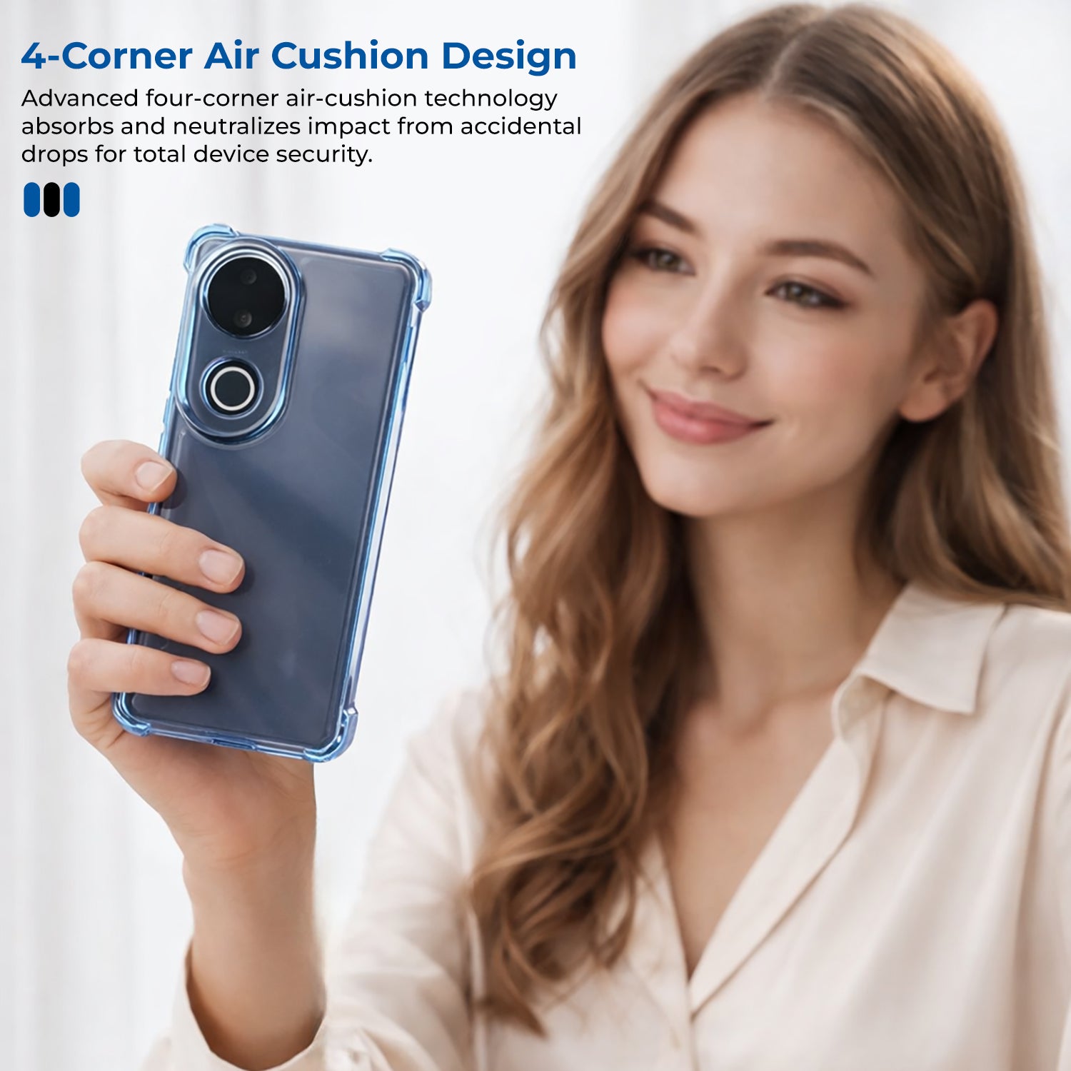 Woman holding a Vivo V50 5G phone with a clear case, featuring text about 4-corner air cushion design.