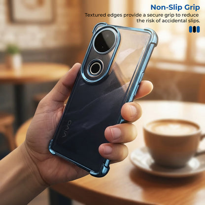 Person holding a phone with a clear case in a cafe setting, emphasizing non-slip grip.