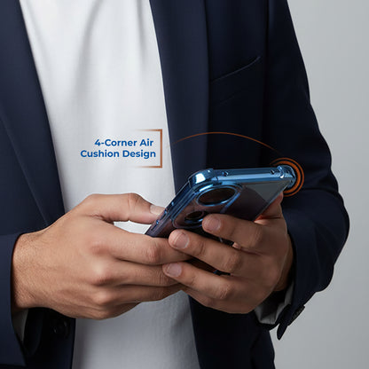 Person holding a phone with a clear case, showcasing a 4-corner air cushion design feature.