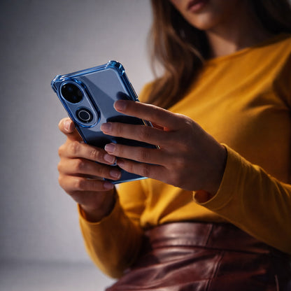 Person holding a blue Vivo V50 5G phone case against a gray background