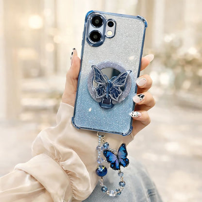 Vivo V60 5G Phone case with butterfly design and glittery blue color held by a person.