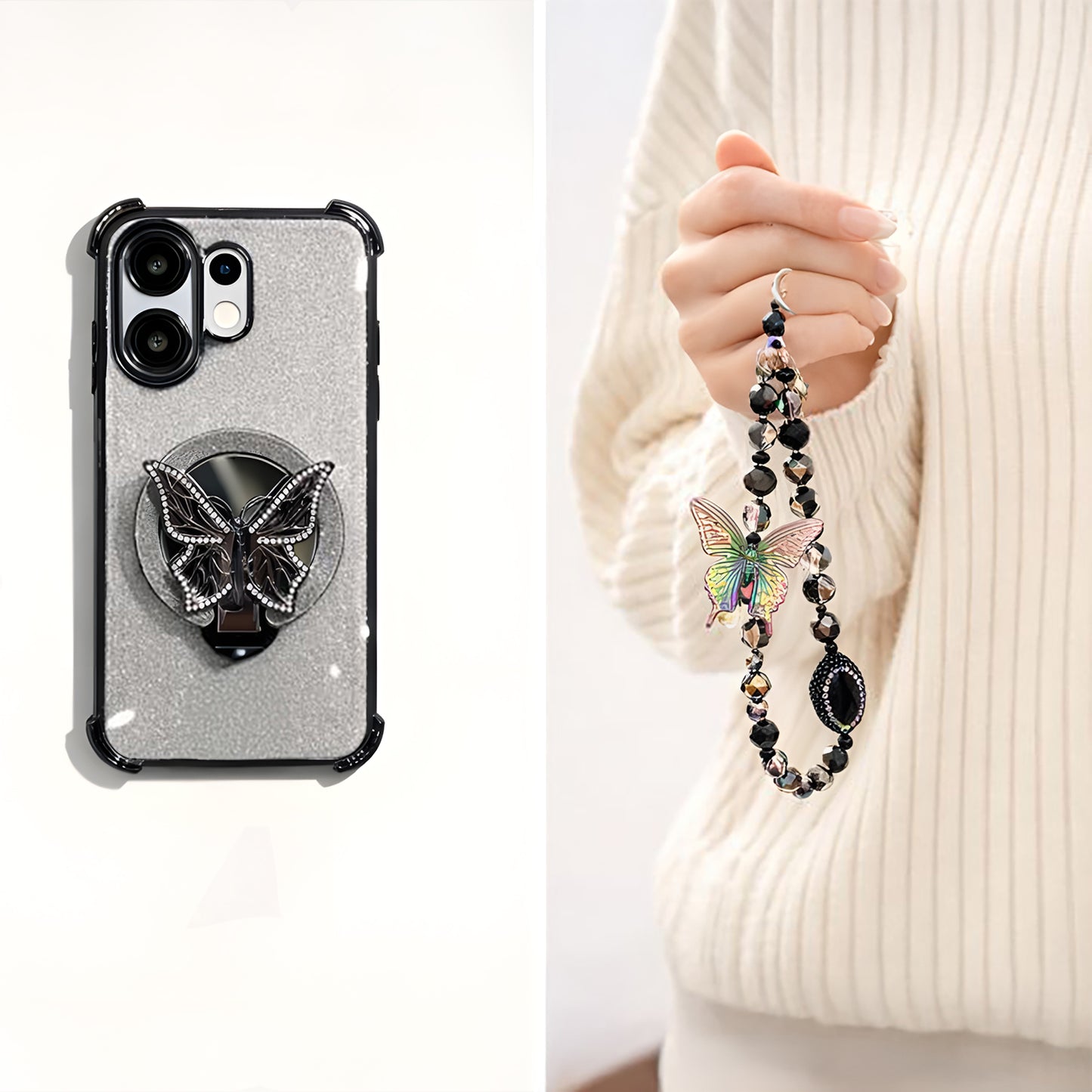 Vivo V60 5G Phone case with butterfly design and beaded strap held by a person wearing a white sweater.