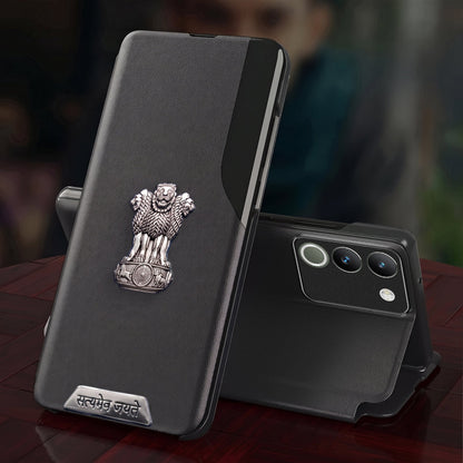 Vivo Y200 5G Metal Satyamev Jayate 2-in-1 Emblem Half-Window Leather Flip Case