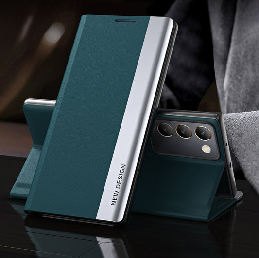 A green and black flip leather case for a smartphone, displayed in an open position showing the interior.