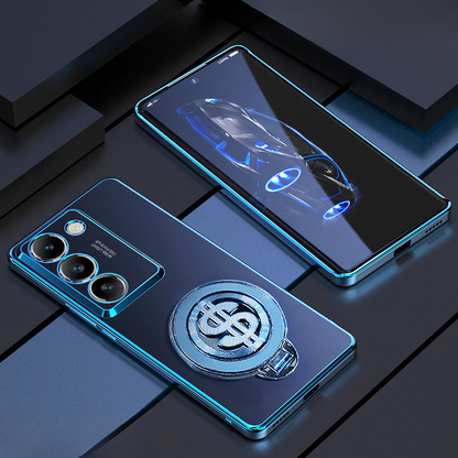 Two blue smartphones on a reflective surface with a dark background