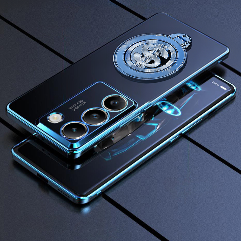 Smartphone with a Bitcoin symbol case on a dark surface