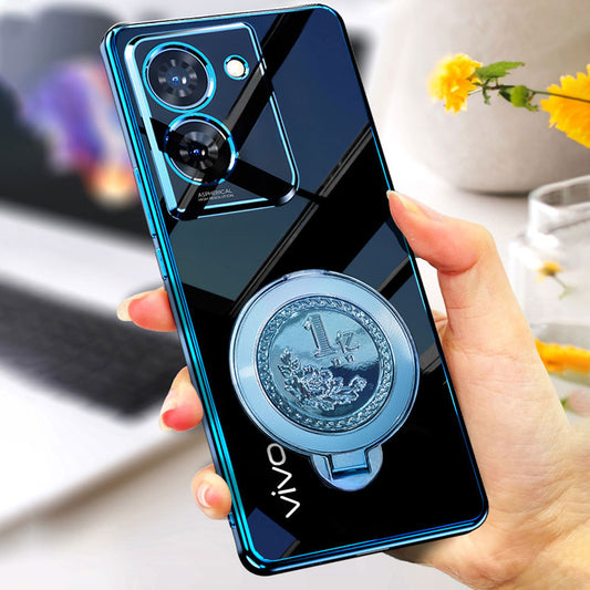 Person holding a blue Vivo smartphone with a decorative case