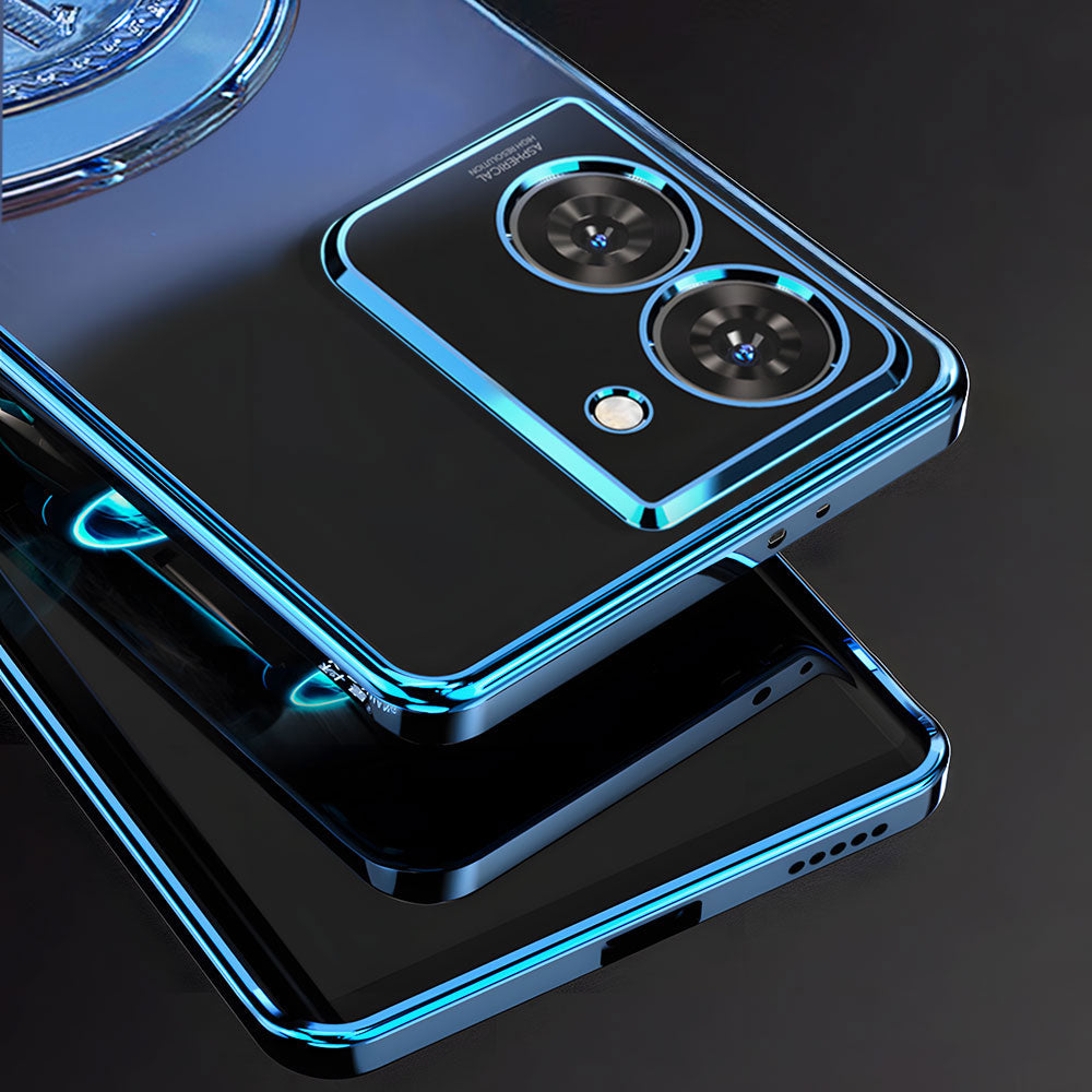 Smartphone with a reflective blue case on a dark background