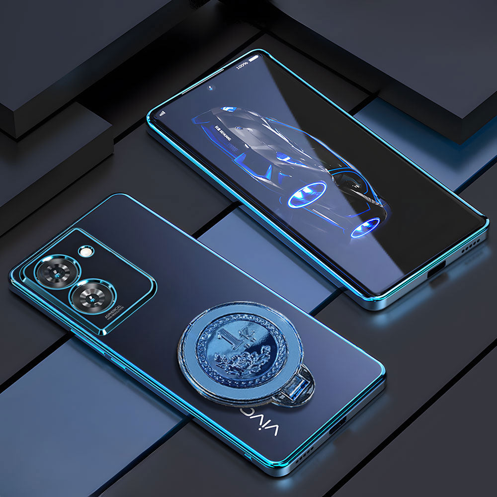 Two blue smartphones on a dark surface with a reflective screen.