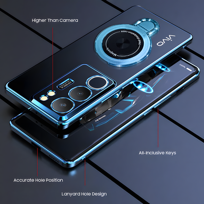 Phone case with camera module and key features highlighted on a dark surface