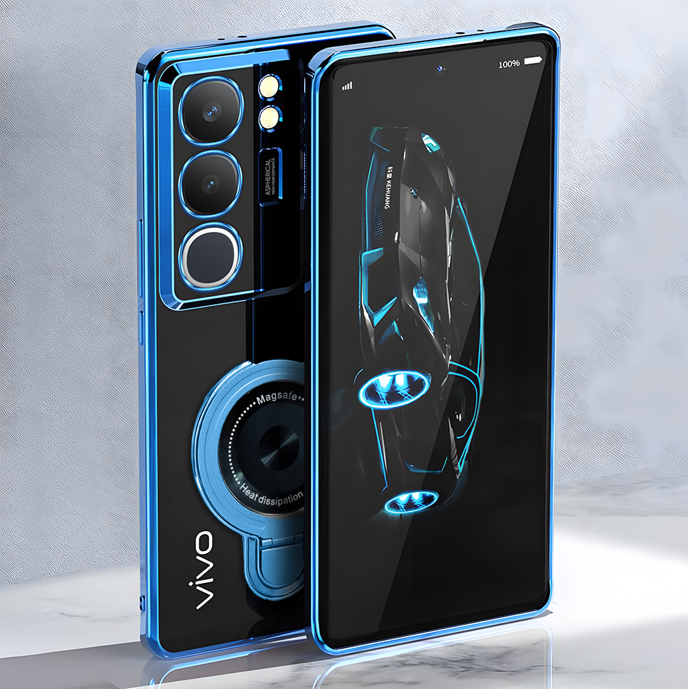 Blue vivo smartphone showing front and back on a light gray background