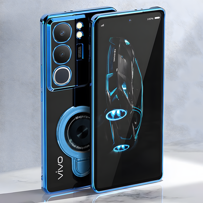 Blue vivo smartphone showing front and back on a light gray background