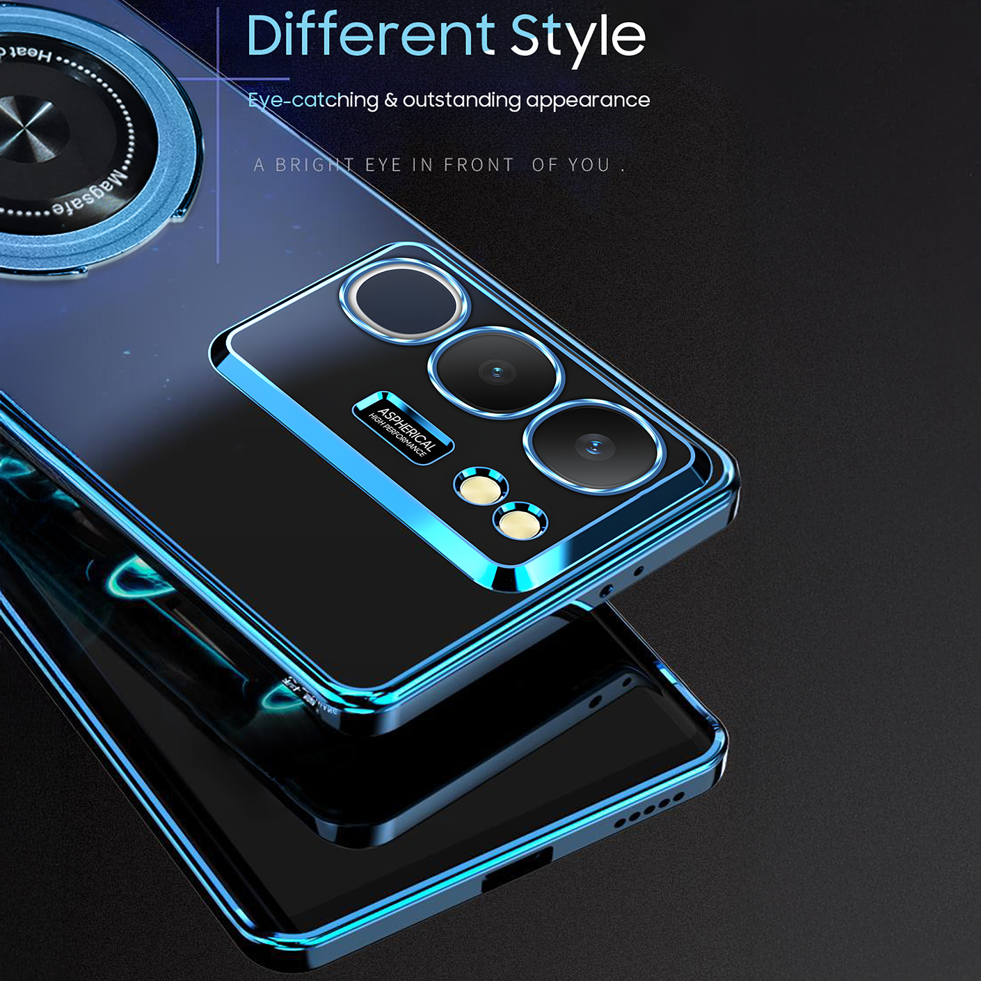 Smartphone with a reflective blue case on a dark background