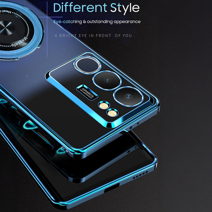 Smartphone with a reflective blue case on a dark background