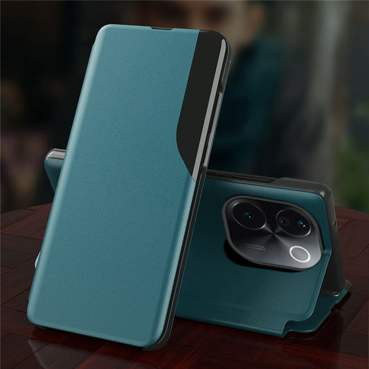 A blue leather flip case for a Vivo smartphone, showcasing the case's interior and the phone's camera and buttons.