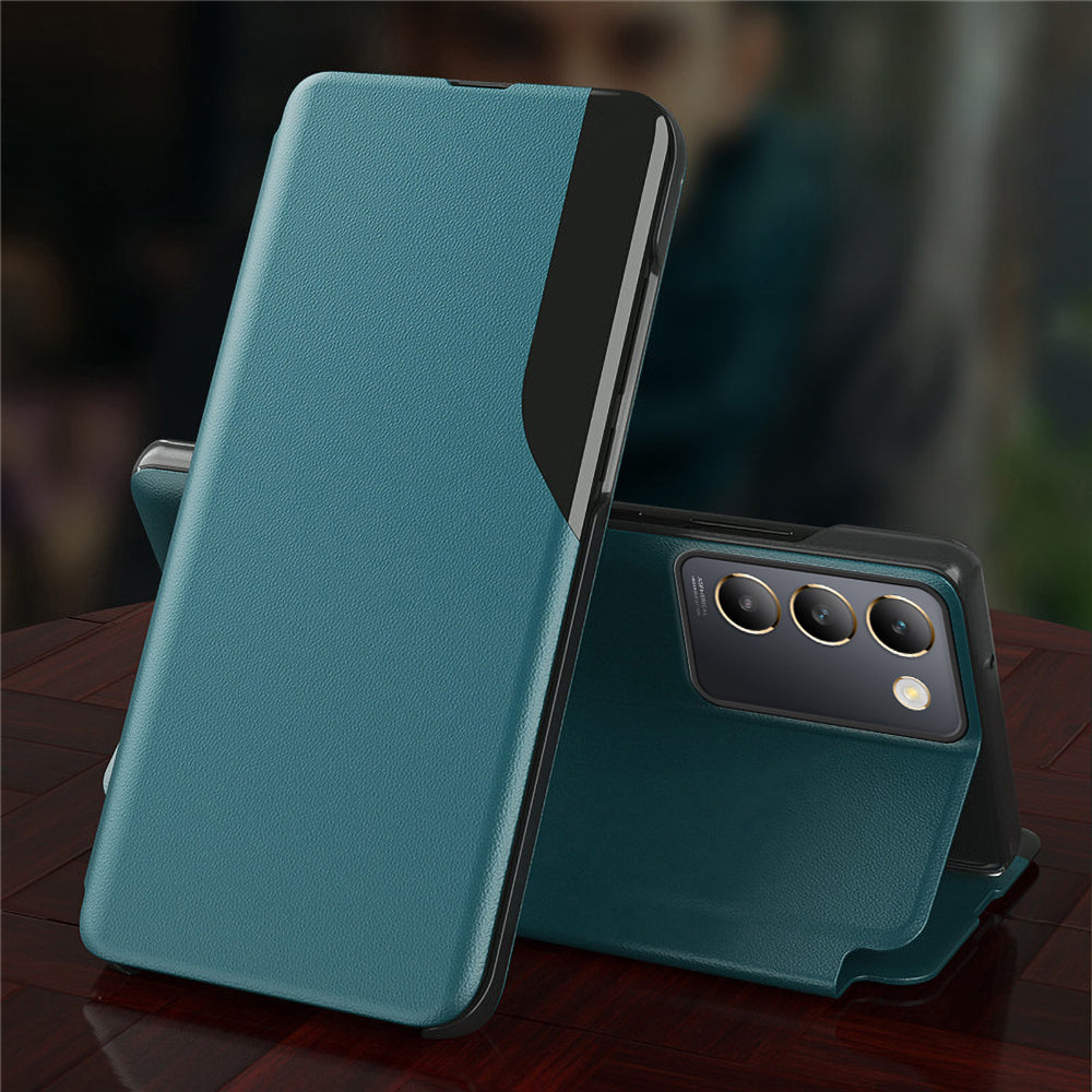 A blue leather flip case for a Vivo smartphone, showcasing the case's design and the phone's camera and button details.