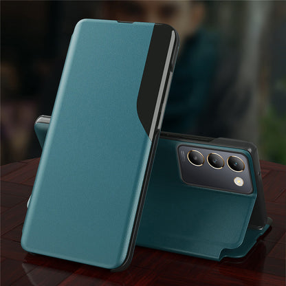 A blue leather flip case for a Vivo smartphone, showcasing the case's design and the phone's camera and button details.