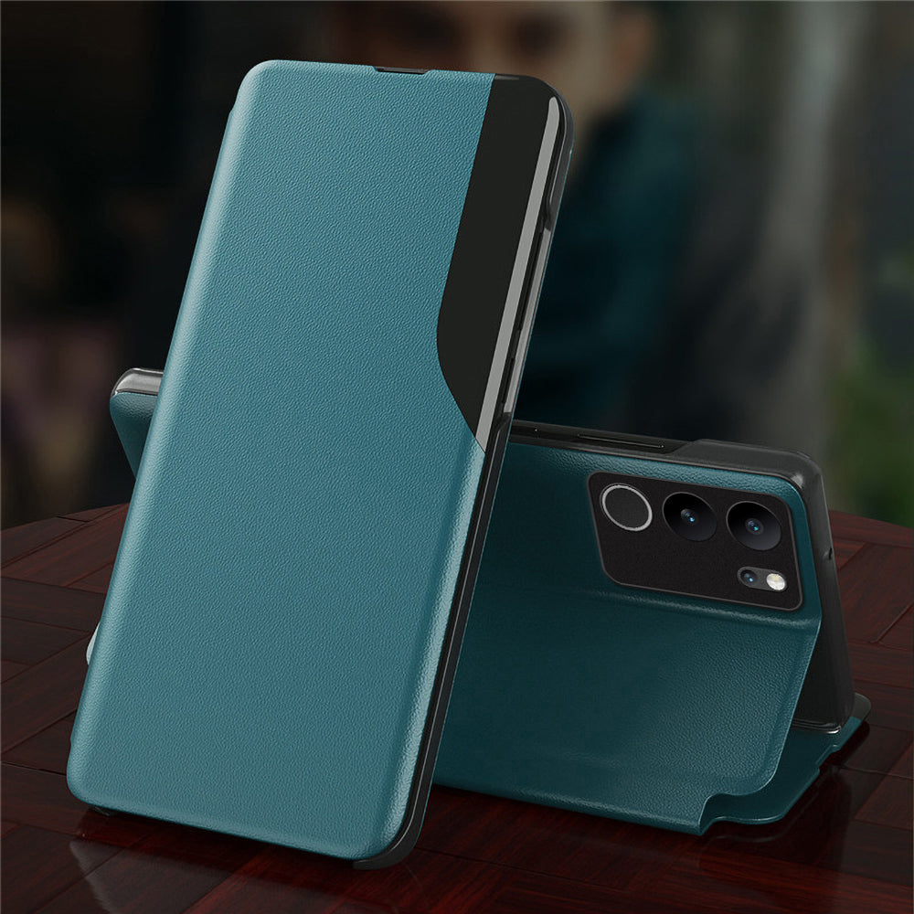A blue leather flip case for a Vivo V29 5G smartphone, displayed in an open position showing the interior.