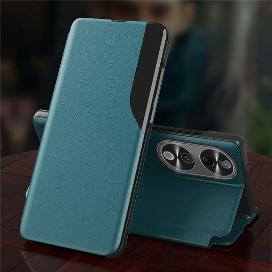 A blue leather flip case for the Vivo V40 Pro 5G smartphone, displayed in an open position showing the interior.