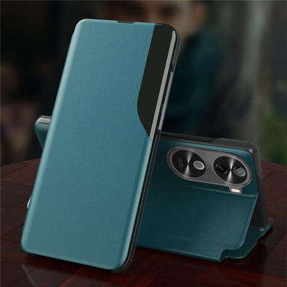 A blue leather flip case for a Vivo V40e 5G smartphone, displayed in an open position showcasing the interior.
