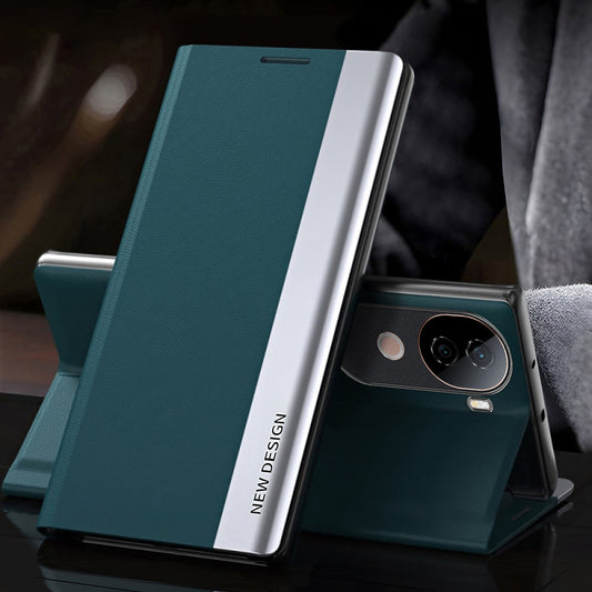 A green and silver flip leather case for a Vivo V40e 5G smartphone, displayed in both closed and open positions showing the interior.
