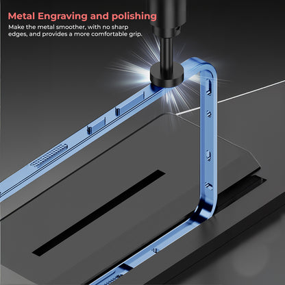 Vivo X200 FE 5G Metal engraving and polishing process with a blue metal frame being worked on.