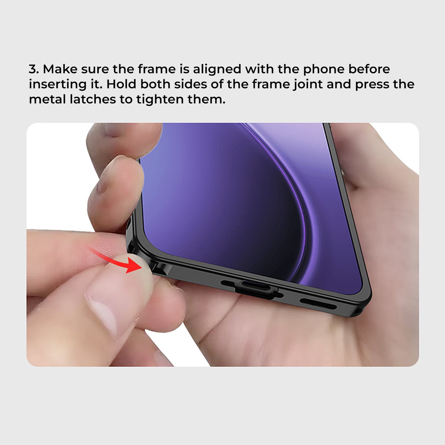 Vivo X200 FE 5G Person holding a phone with a protective frame, aligning and pressing metal latches.