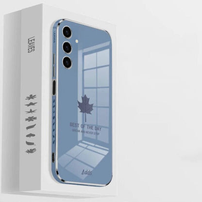 Samsung Galaxy A35 5G luxury silicone back cover in blue color, showing the case's cutouts for the phone's camera and buttons, presented in packaging.