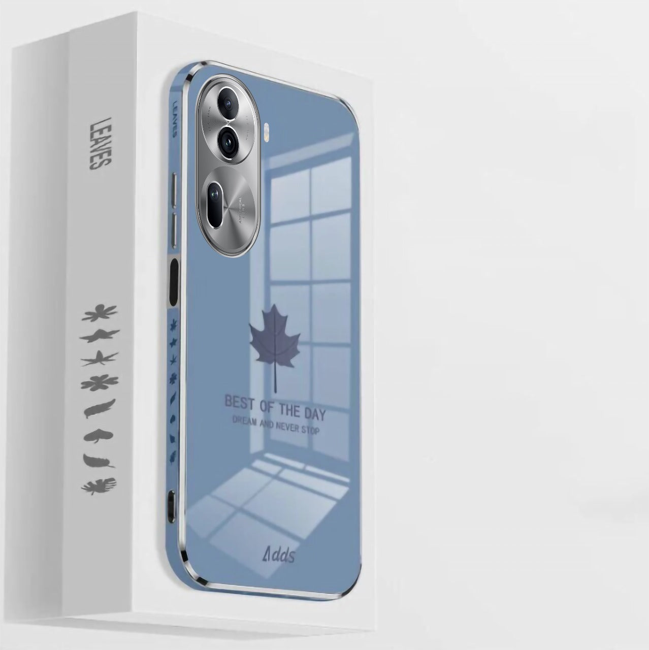A blue silicone back cover for the Oppo Reno 11 Pro 5G smartphone, displayed in its packaging.
