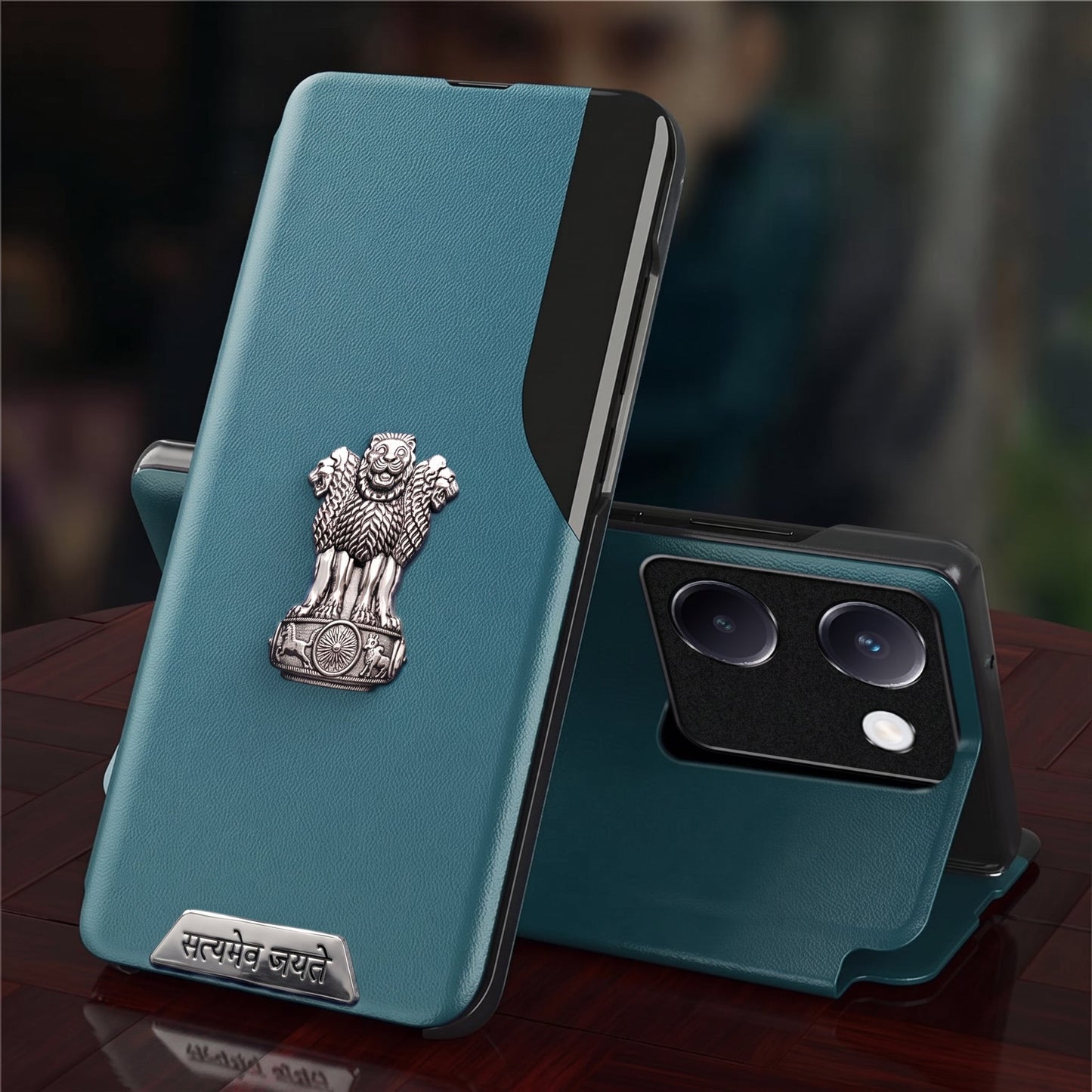 Vivo Y200 Pro 5G Metal Satyamev Jayate 2-in-1 Emblem Half-Window Leather Flip Case
