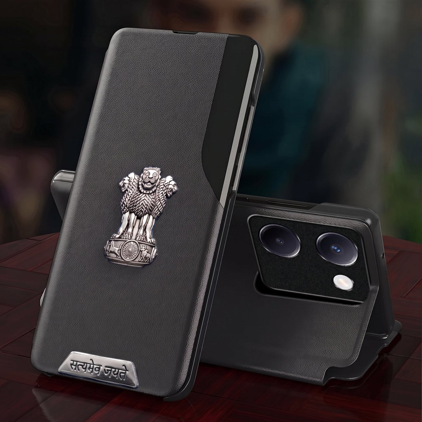 Vivo Y200 Pro 5G Metal Satyamev Jayate 2-in-1 Emblem Half-Window Leather Flip Case
