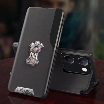 Vivo Y200 Pro 5G Metal Satyamev Jayate 2-in-1 Emblem Half-Window Leather Flip Case