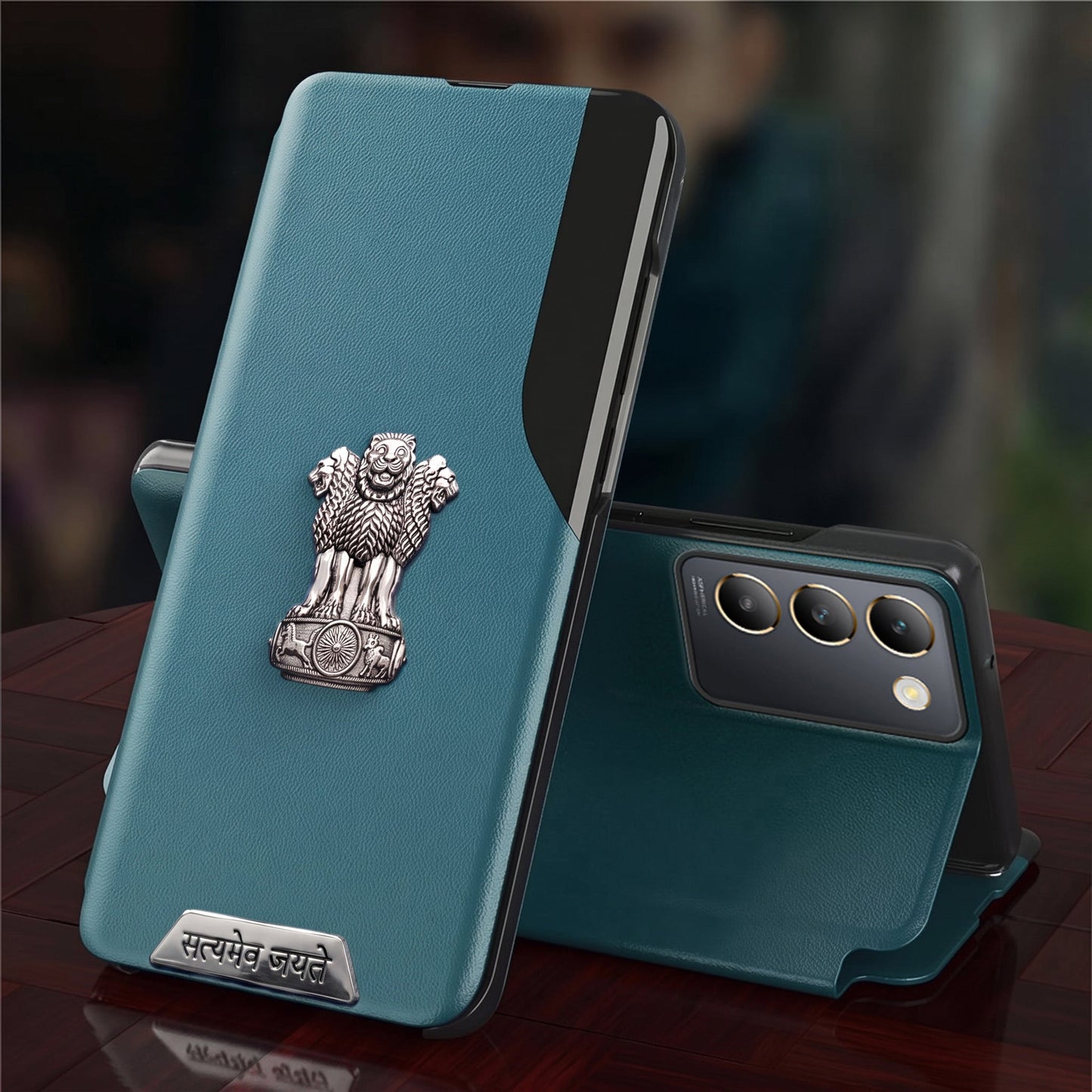 Vivo Y200e 5G Metal Satyamev Jayate 2-in-1 Emblem Half-Window Leather Flip Case