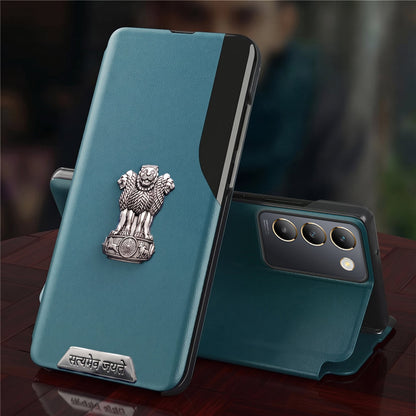 Vivo Y200e 5G Metal Satyamev Jayate 2-in-1 Emblem Half-Window Leather Flip Case