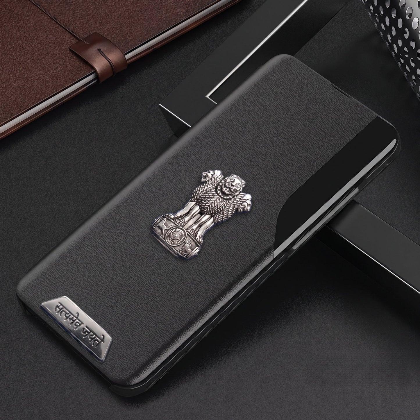 Vivo Y200e 5G Metal Satyamev Jayate 2-in-1 Emblem Half-Window Leather Flip Case
